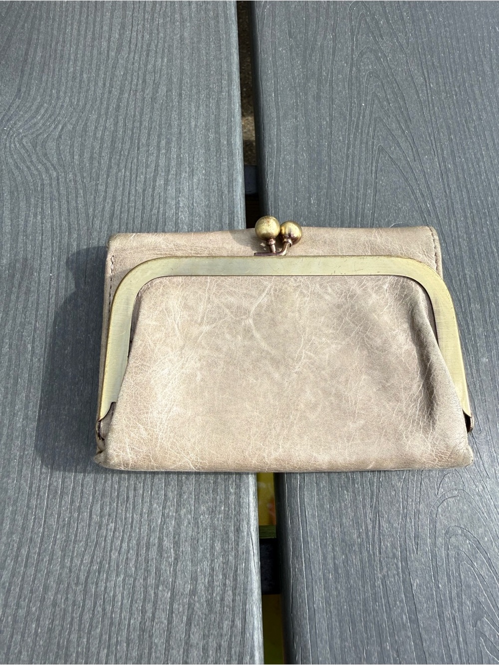 HOBO Taupe Leather Kiss-Lock Wallet with Brass Frame